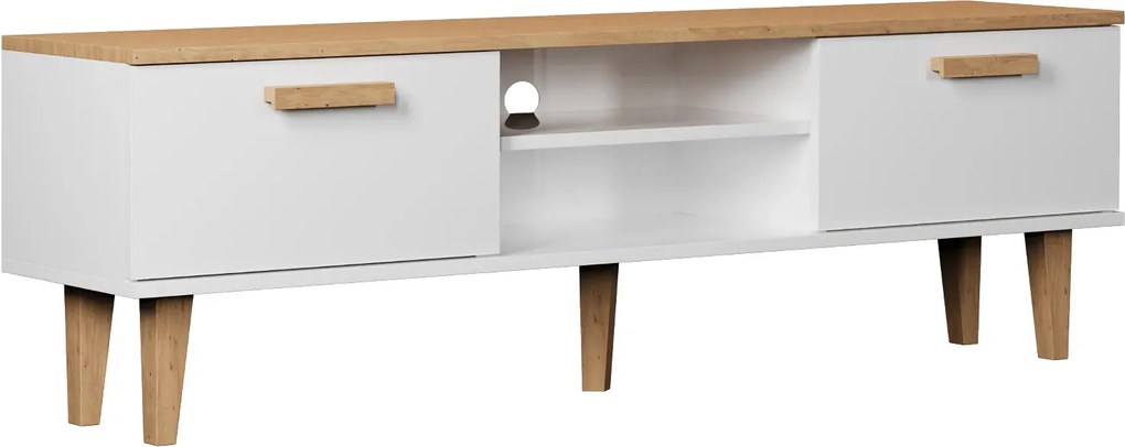 Długa szafka RTV na dębowych nóżkach biały + hikora 160 cm A6-P46