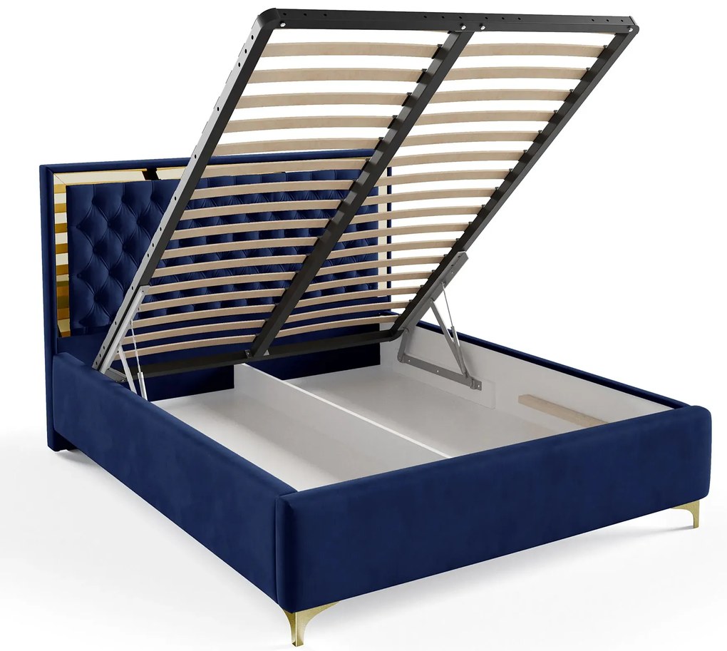 Granatowe welurowe łóżko tapicerowane z pojemnikiem L6-G26
