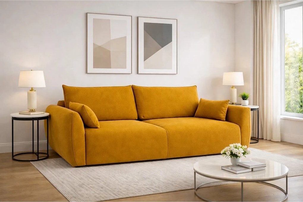 Sofa z funkcją spania i pojemnikiem, tkanina welurowa Salvador, Żółty, Zephira