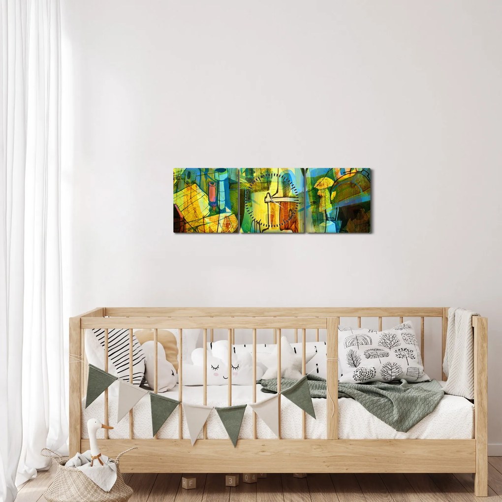 Obraz - Architektura, abstrakcja kubistyczna (z zegarem) (90x30 cm)