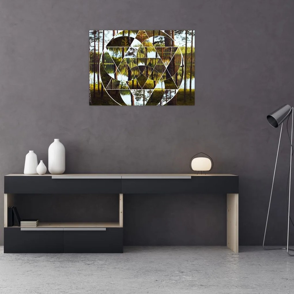 Obraz na szkle - Geometryczny kolaż na tle nordyckich lasów (70x50 cm)