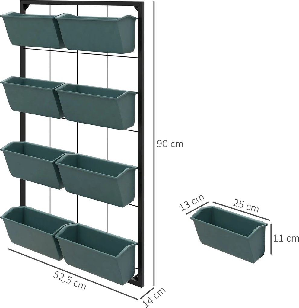 Outsunny Stolik na kwiaty z 8 skrzynkami do sadzenia, stosowalny, odporny na warunki atmosferyczne, 52,5 x 14 x 90 cm, Szary + Czarny