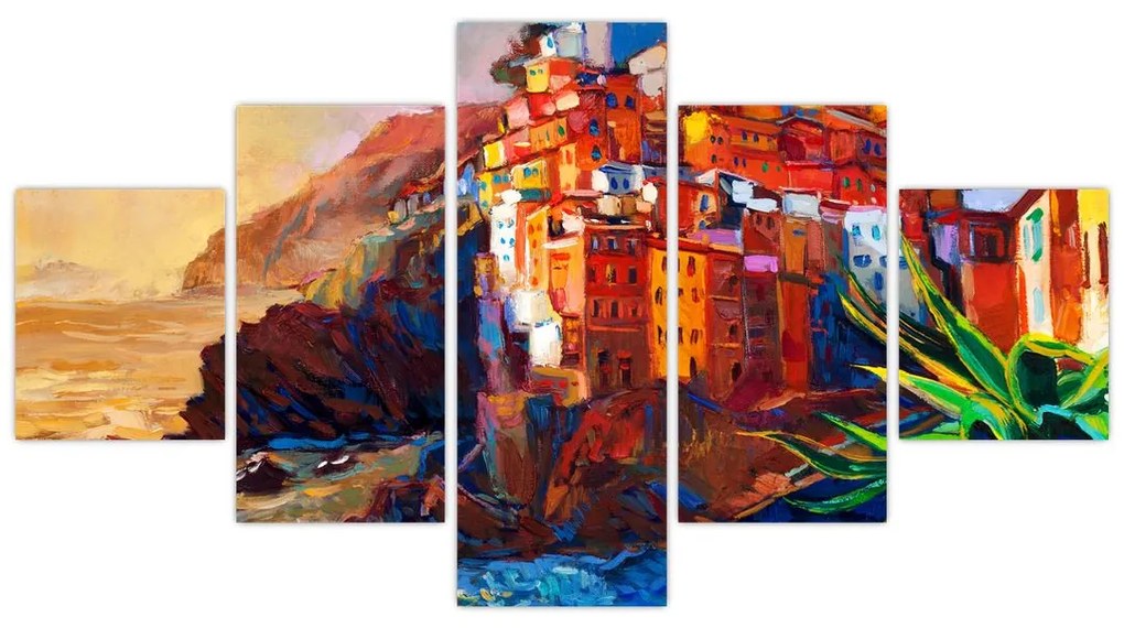 Obraz - Wieś na wybrzeżu Cinque Terre, Włoska Riviera, nowoczesny impresionism (125x70 cm)