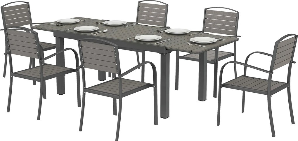 Outsunny Zestaw Mebli Ogrodowych 7-częściowy Z Rozkładanym Stołem i 6 Krzesłami, Design Lameli Drewna, Rama Aluminiowa | Aosom PL