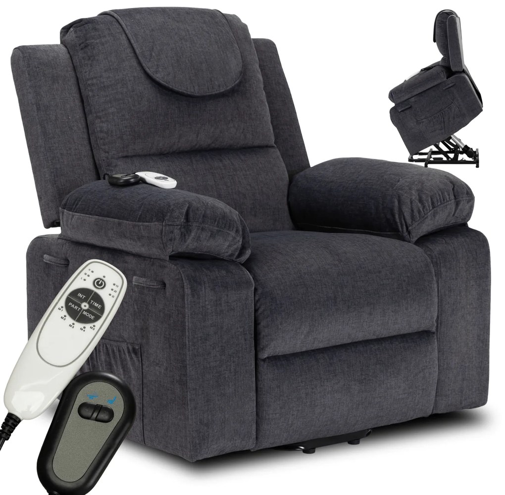 Fotel Masujący FENIX z Funkcją Wstawania Elektrycznie Rozkładany Ciemny Popiel Nowoczesny