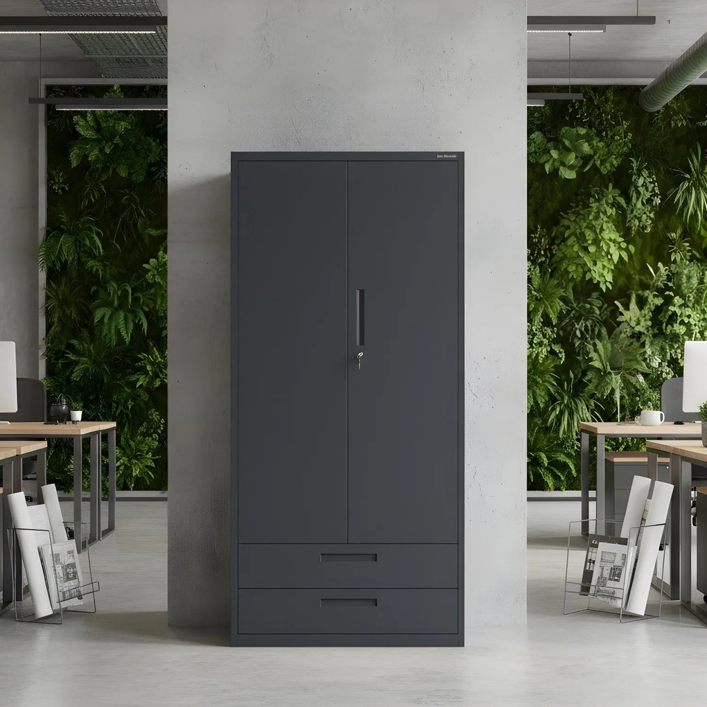 Szafa modułowa metalowa wielofunkcyjna z dwiema szufladami antracytowa MEGAN 1950 x 900 x 400 mm