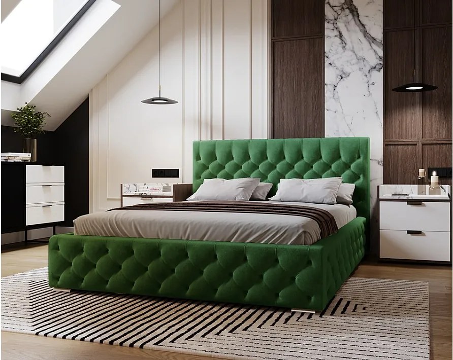 Emporius Elira łóżko tapicerowane 140x200 z pojemnikiem - tkanina velvet, glamour, pikowanie chesterfield - łóżko 140x200 zielony (Magic Velvet 2225)