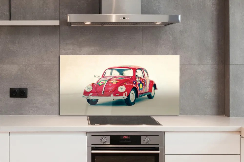 Panel szklany do Kuchni Czerwony Samochód w Kwiaty