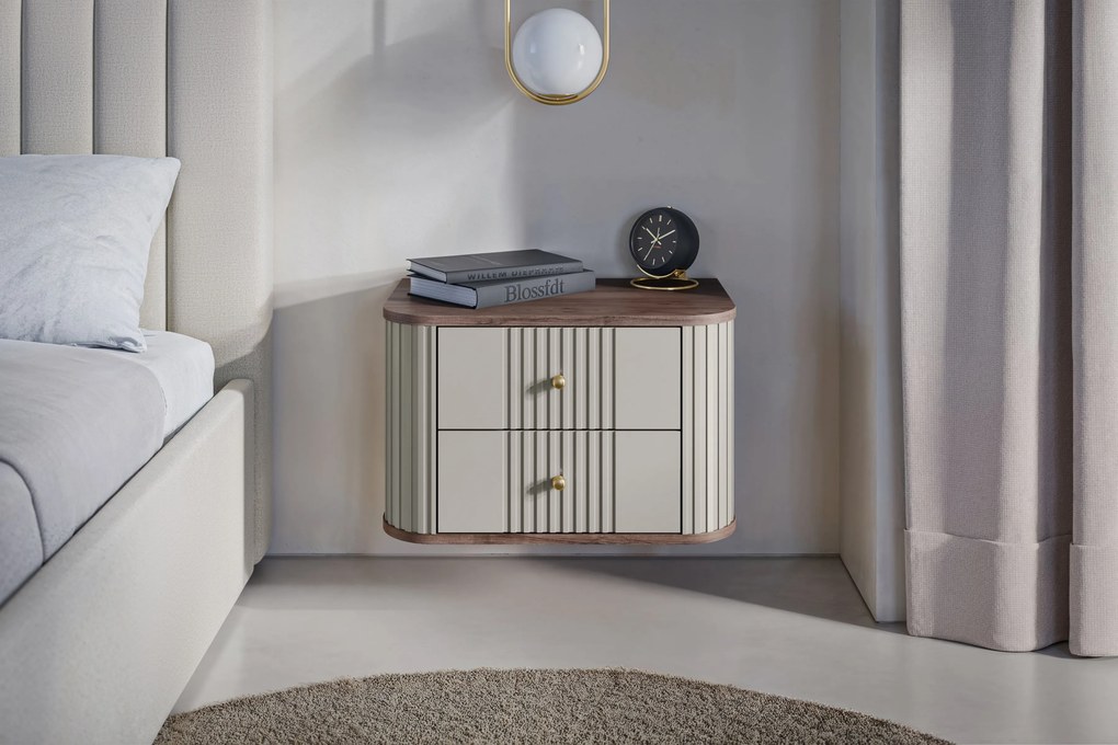 Zestaw szafek nocnych wiszących Vesper 56 cm - kaszmir / orzech / złote uchwyty