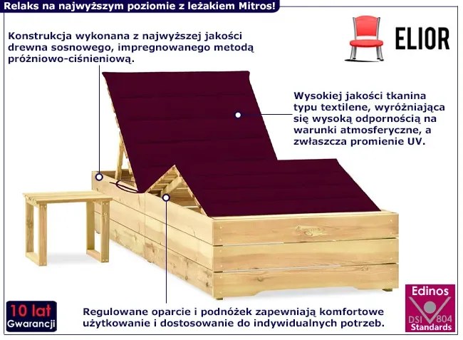 Drewniany leżak z poduszką i stolikiem bordowy - Ogebis