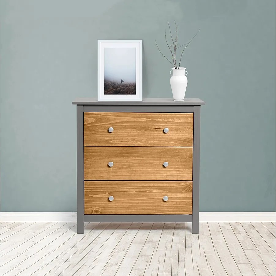 Komoda Colummn Bonnie Gris 3 szuflady, wykonana z litego drewna sosnowego, długość 79 cm.