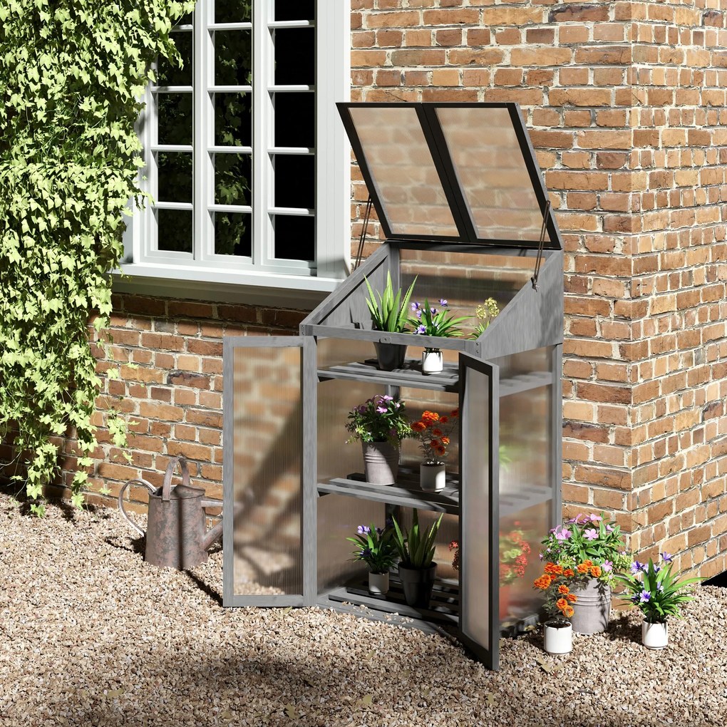 Outsunny Mini Szklarnia z Drewna, Mała Szklarnia z Oknami i Podwójnymi Drzwiami, 3 Półki, 70Dł x 50Szer x 120Wys cm, Szara