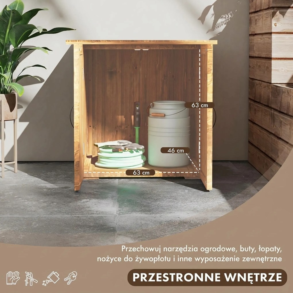 Outsunny Szafka na Narzędzia Ogrodowe z Podwójnymi Drzwiami, Zamknięcie Magnetyczne, Odporna na Warunki Pogodowe, Drewno Naturalne, 77S x 55G x 72W cm, Brązowy