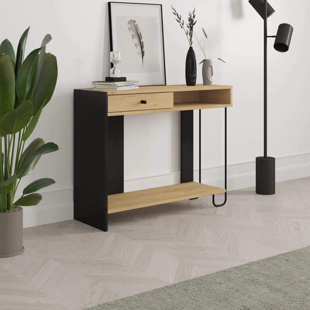 Czarno-naturalna konsola z blatem w dekorze dębu 35x100 cm Saturne – Marckeric