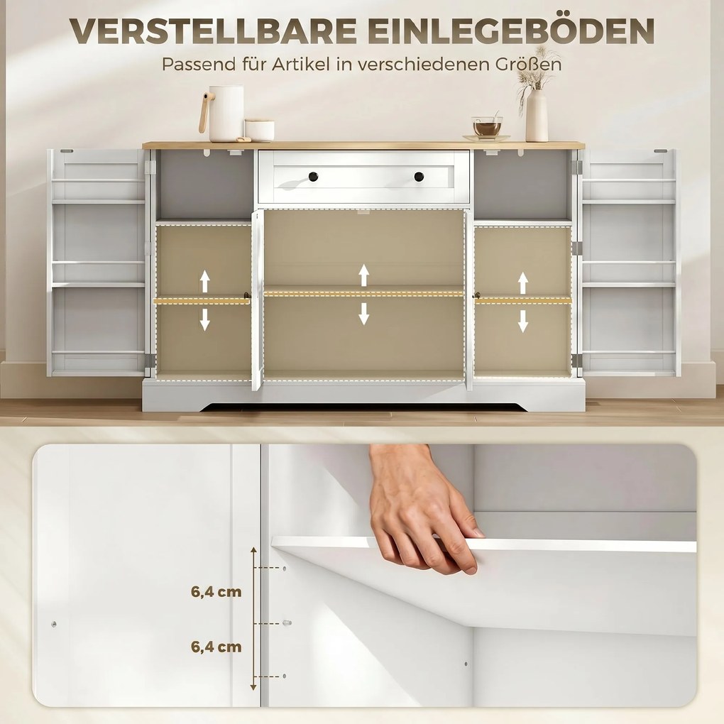 HOMCOM Komoda kuchenna z 4 drzwiami, szufladą, regulowaną półką, półkami na drzwiach do kuchni, jadalni, 138x40x85cm, Biały | Aosom PL