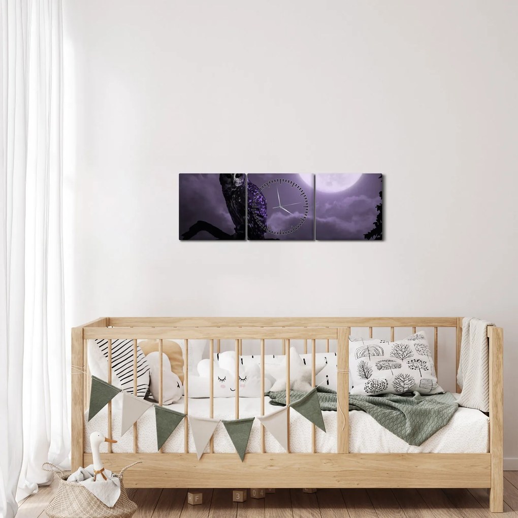 Obraz - Nocna sowa, fioletowy (z zegarem) (90x30 cm)