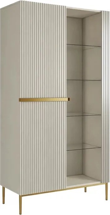 Witryna Nicole 100 cm z ryflowanym frontem - kaszmir / złote nóżki