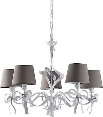 Lucy - biały lakierowany żyrandol z żelaza, dekor shabby chic, klosze PVC w kolorze gołębioszarym Ø16 cm, elegancki styl, 5 świateł