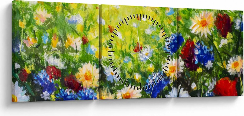 Obraz dzikich kwiatów (z zegarem) (90x30 cm)