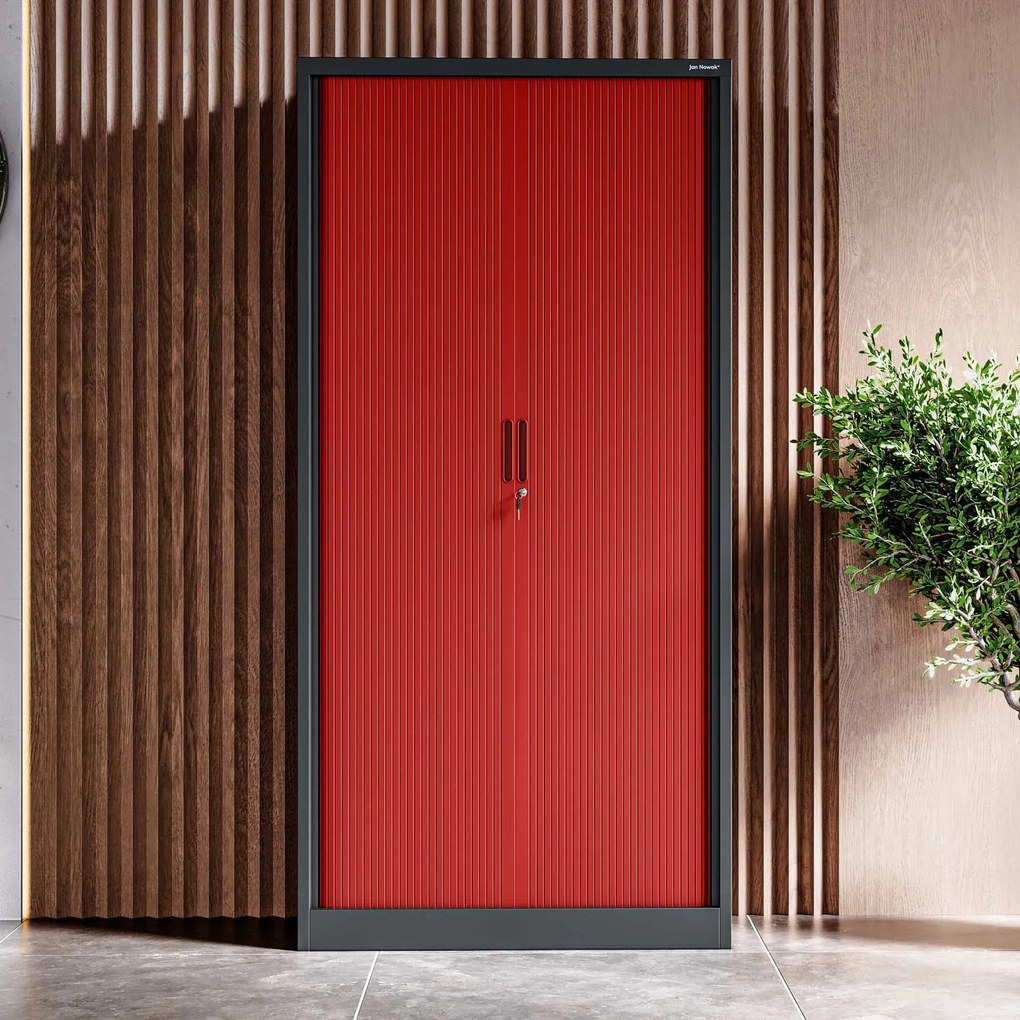 Metalowa szafa biurowa na akta z roletą DAMIAN, 900 x 1850 x 450 mm, antracytowo-czerwona