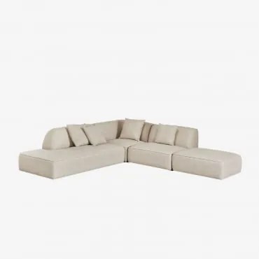 Sofa Modułowy Narożny 3-częściowy Z Lewym Szezlongiem I Tapicerowanym Pufem Cardea Bukla Kremowy Beż - Sklum