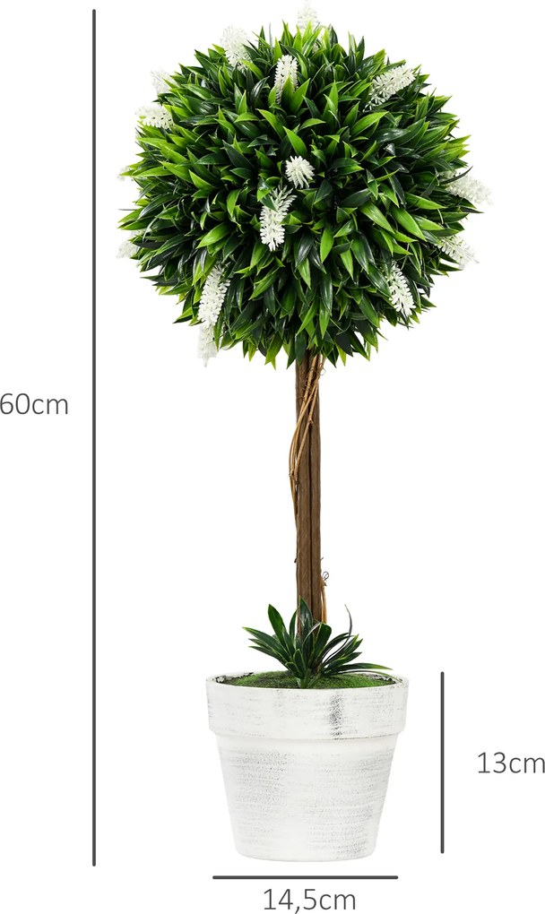 HOMCOM Zestaw 2 Sztucznych Drzewek Lawendowych, 60 cm Wysokości, Zawiera Donicę i Sztuczny Mech, Biały