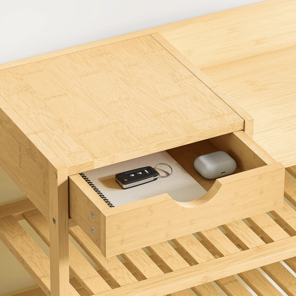 HOMCOM Regał na buty, stojak na obuwie z 6 półkami, szuflada z bambusa, dla maks. 18 par butów, regał do korytarza, sypialni, 101 x 30 x 100 cm, naturalny