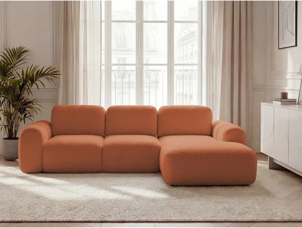 Pomarańczowy rozkładany/ze schowkiem narożnik z materiału bouclé (prawostronny/z szezlongiem) Montaigne – Bobochic Paris