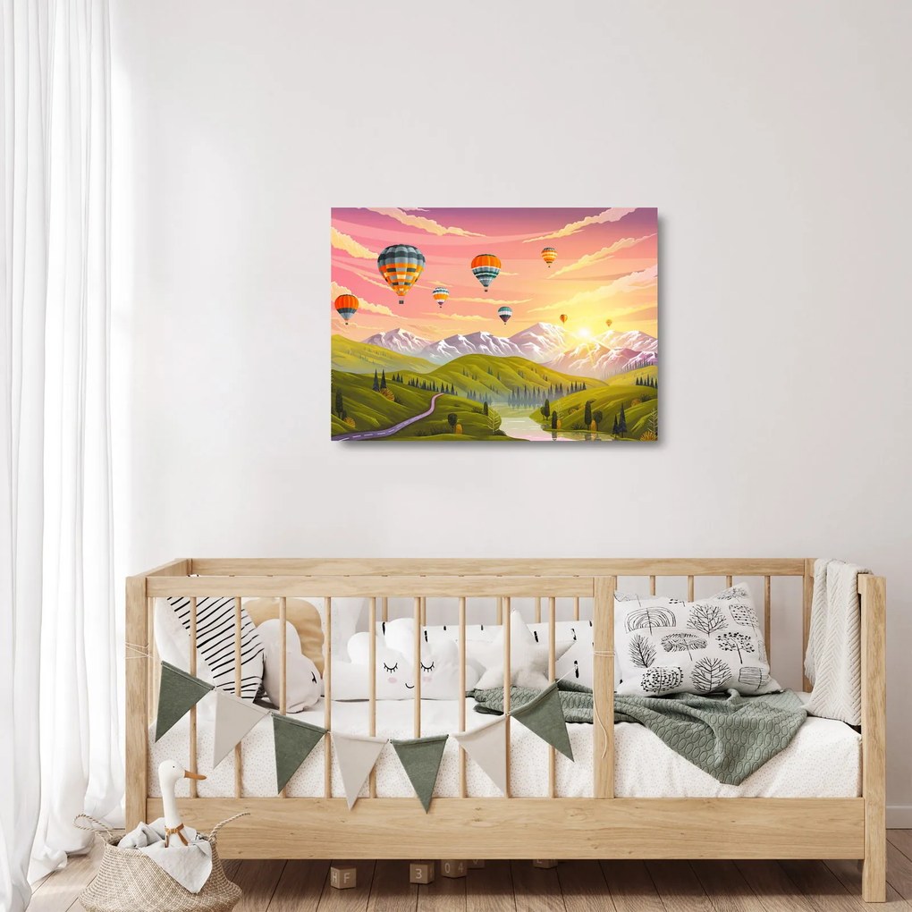 Obraz na szkle balonów nad krajobrazem (70x50 cm)