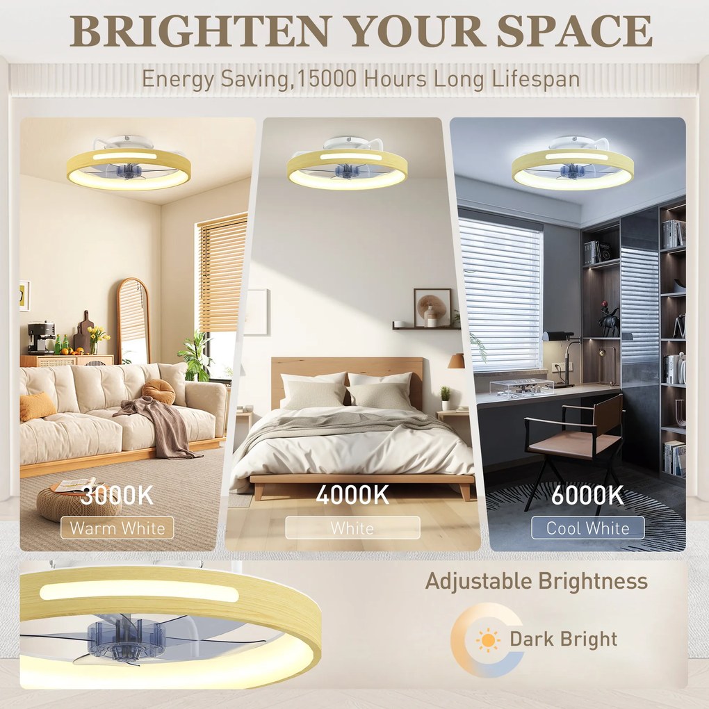 HOMCOM Wentylator Sufitowy z Oświetleniem i Pilotem, 49 cm LED z 3 Barwami Światła, Naturalne Wykończenie w Stylu Drewna | Aosom PL