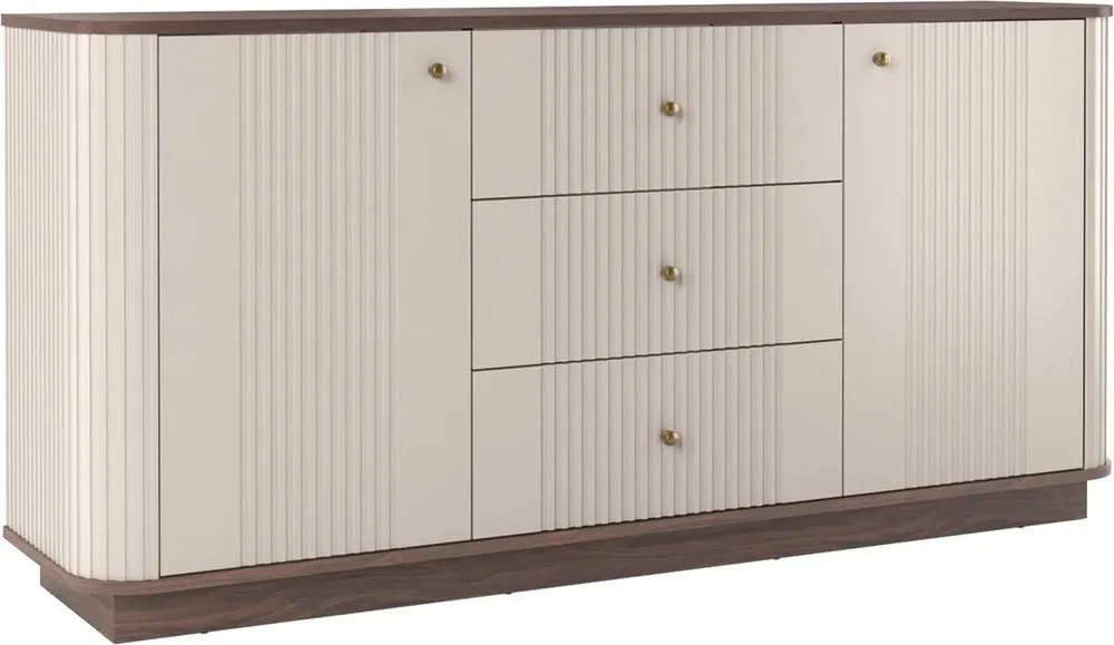 Komoda Vesper 160 cm z szufladami na cokole - kaszmir / orzech / złote uchwyty