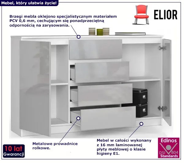 Komoda z szufladami i półkami do sypialni biały + metalik połysk Zeya 6X