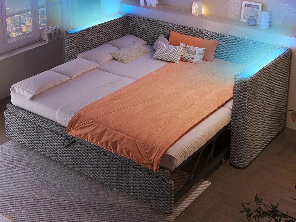 Rozkładana sofa 90/180x200cm - z wysuwane łóżko - z listwą LED - z stelażem lamelowym - welur - szary (materac nie jest wliczony w cenę)