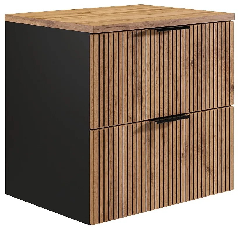 Wisząca szafka pod umywalkę z prążkowanym frontem i półką – jasny naturalny i czarny – 60 cm – MADELA