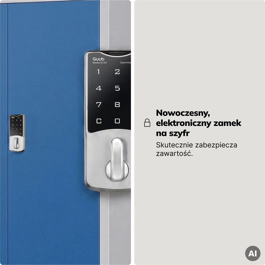 Szafa biurowa metalowa z zamkiem na szyfr szaro-niebieska, 900x1850x400 mm: DANIEL