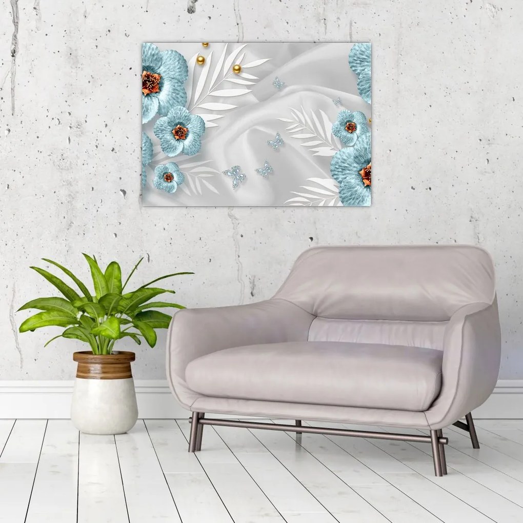 Obraz - 3D niebieskie kwiaty (70x50 cm)