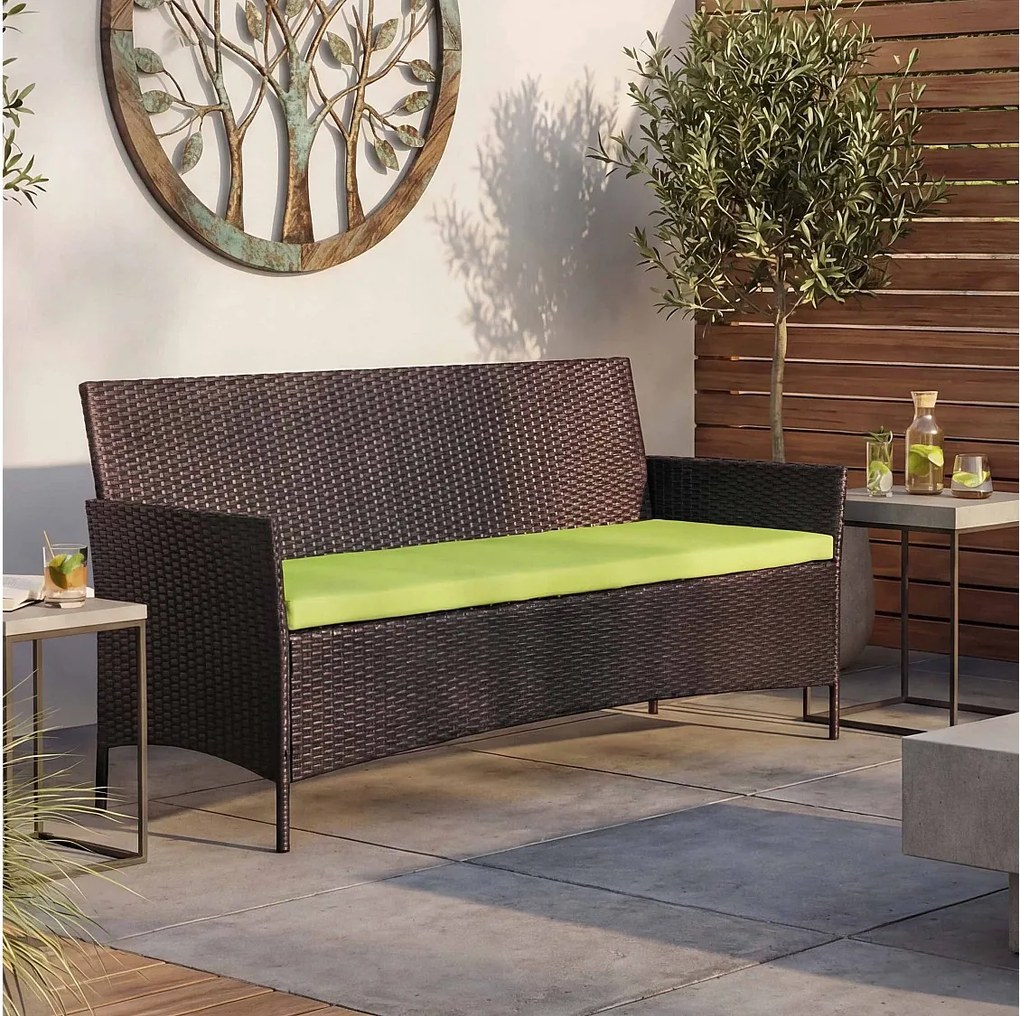 3-osobowa ławka ogrodowa z rattanu syntetycznego Hamar,  brązowo-melanżowa, poduszki zielone