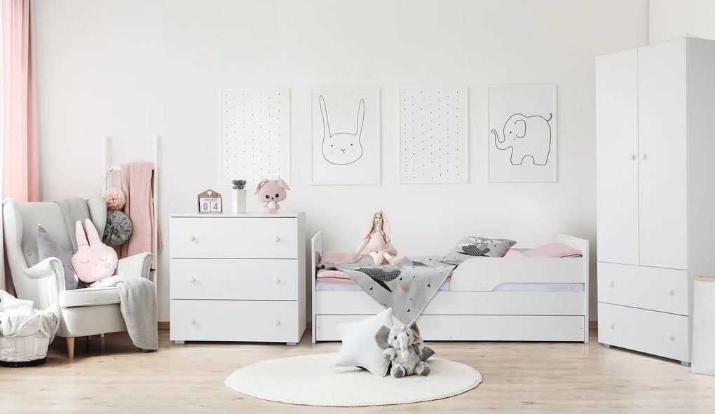 Białe łóżko dla dziecka z szufladą i barierkami Timo 160x70
