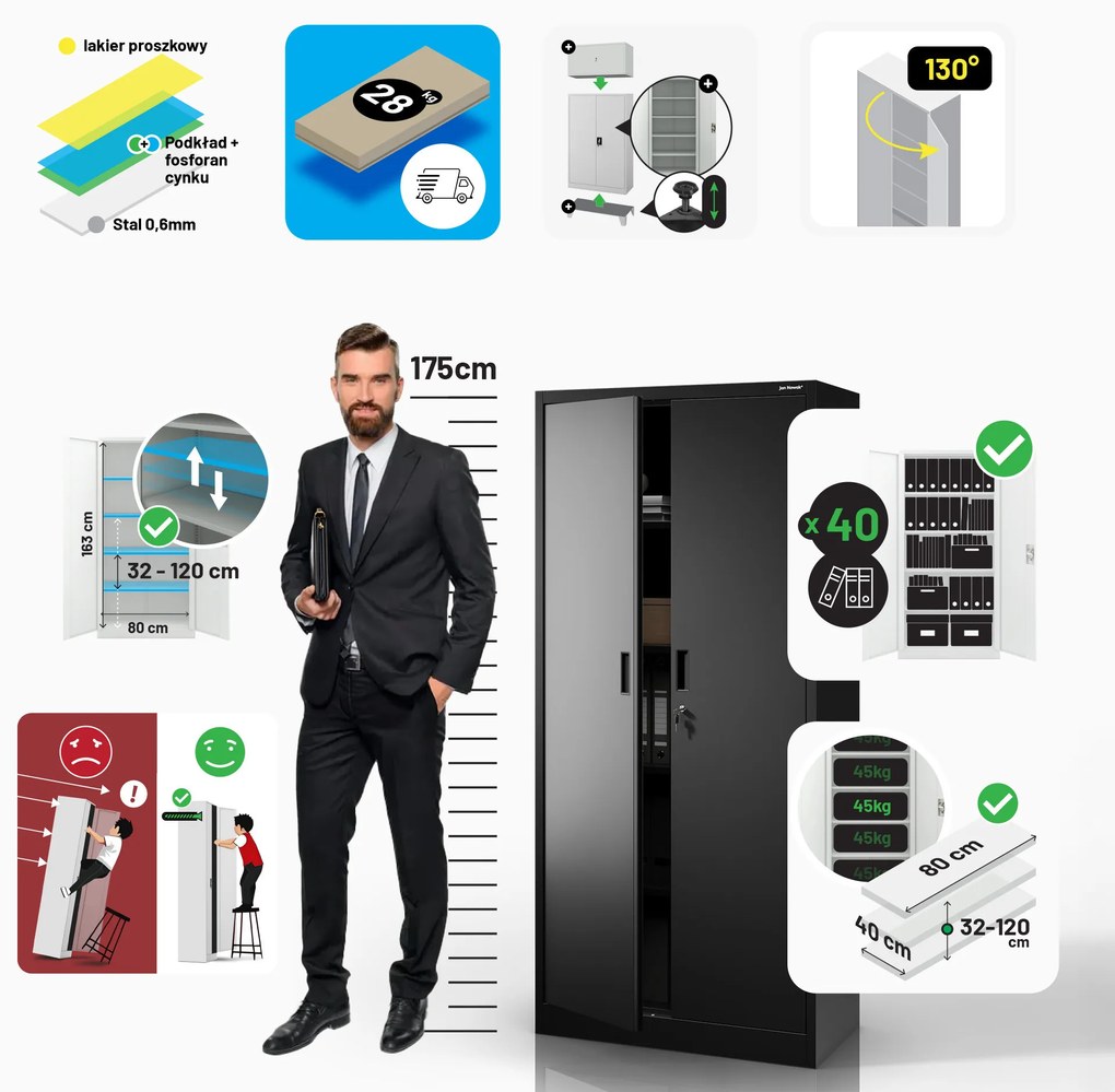 Szafa metalowa biurowa czarna JAN Compact 1750 x 800 x 400 mm