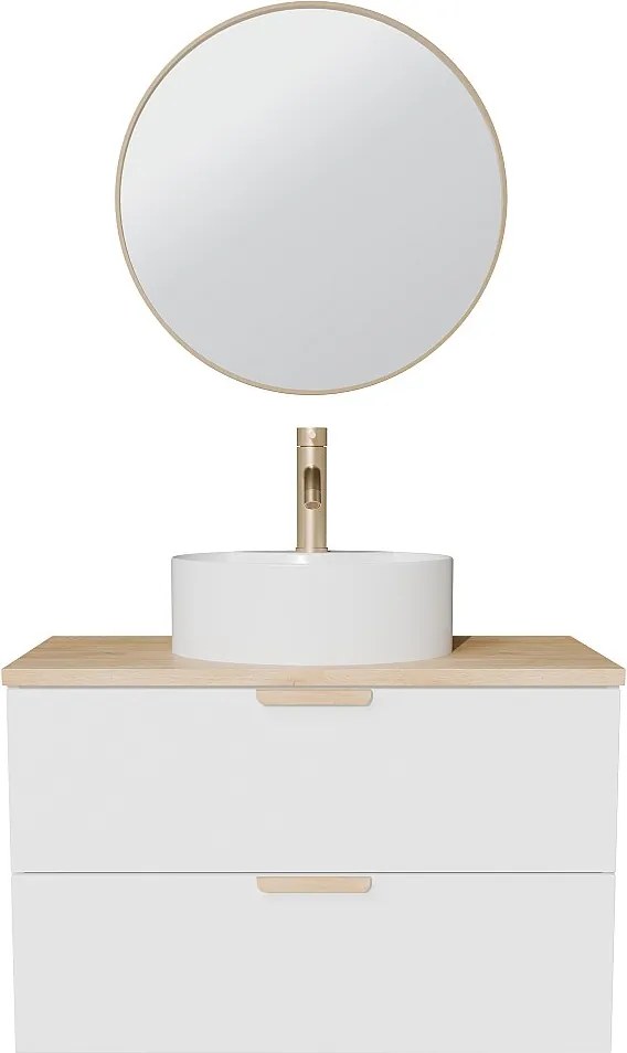 Wisząca szafka łazienkowa z okrągłą umywalką nablatową, baterią i lustrem – Biała – S80 cm – AVORELI