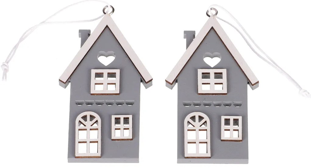 Domek drewniany wiszący, szary, wys. 9 cm, 4 szt.