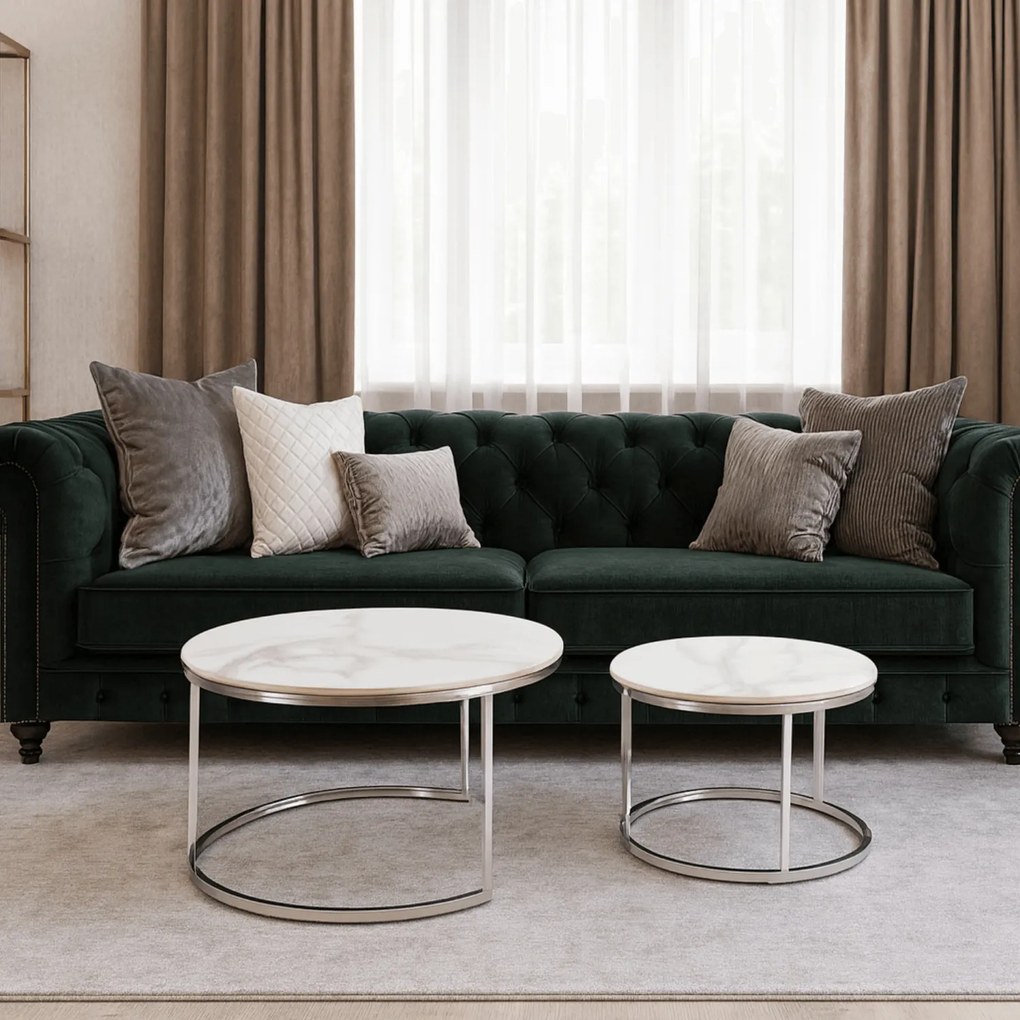 Zestaw Stolików Kawowych AMARA MAX 60 cm/80 cm Biały Marmur/Srebrny Glamour