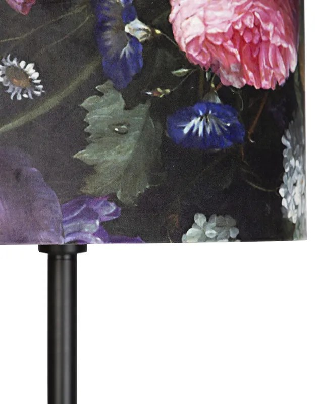 Romantyczna lampa stojąca czarna z kloszem w kwiaty 40 cm - Simplo klasyczny/Antyczny Oswietlenie wewnetrzne