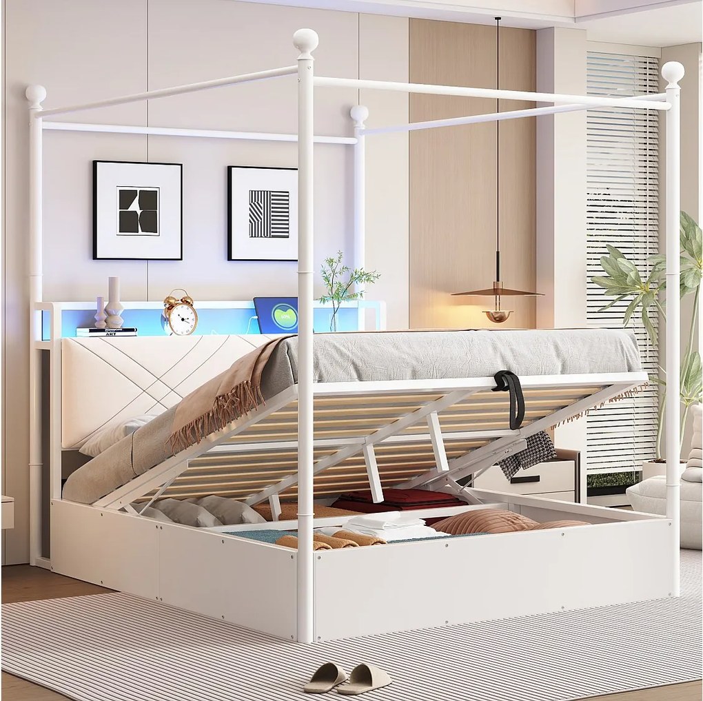 Metalowe łóżko dziecięce ze schowkiem - 140 x 190 cm - z hydraulicznym schowkiem + LED + USB/Typ-C - białe