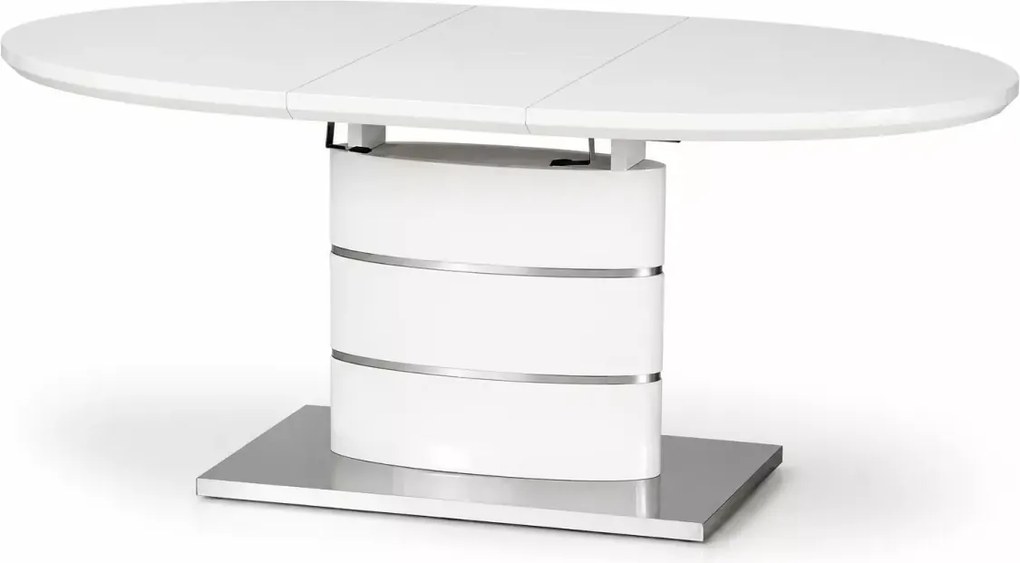 Rozkładany owalny stół Nimbus 140-180 cm w biały połysku z MDF lakierowanego ze srebrnymi detalami
