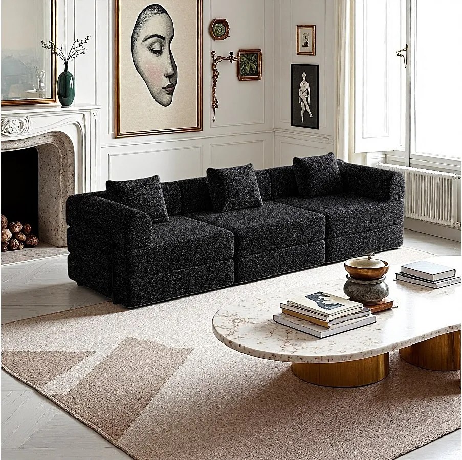 Sofa 3-osobowa, Sofa rozkładana z podłokietnikami i kieszeniami bocznymi, metalowa rama - Czarny szenil