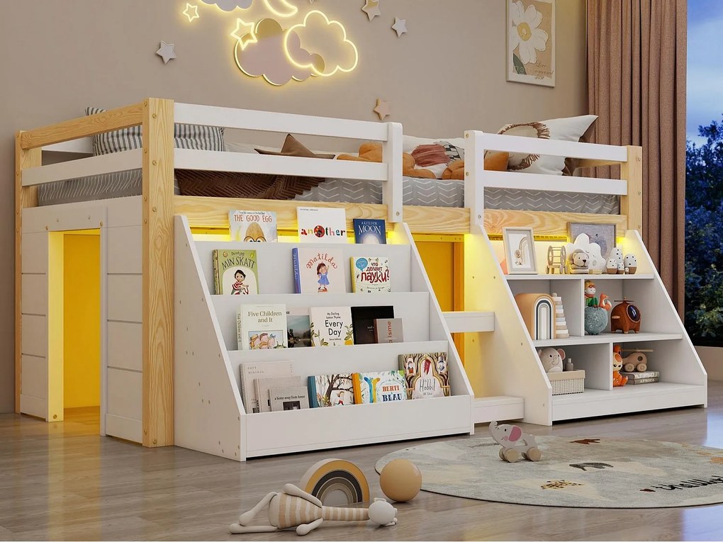 Łóżko dziecięce 90x200 cm - z oświetleniem LED - z półką do przechowywania - z barierkami + drabiną - biały + Naturalny​ (materac nie jest wliczony w cenę)