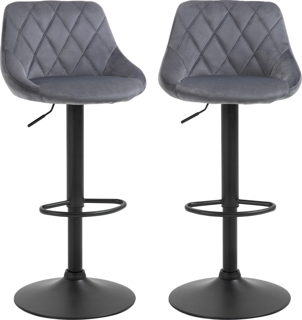 HOMCOM Zestaw 2 hokerów, regulowany hoker z oparciem, welurowy wygląd, metalowa konstrukcja, podnóżek, obrotowy, ciemnoszary