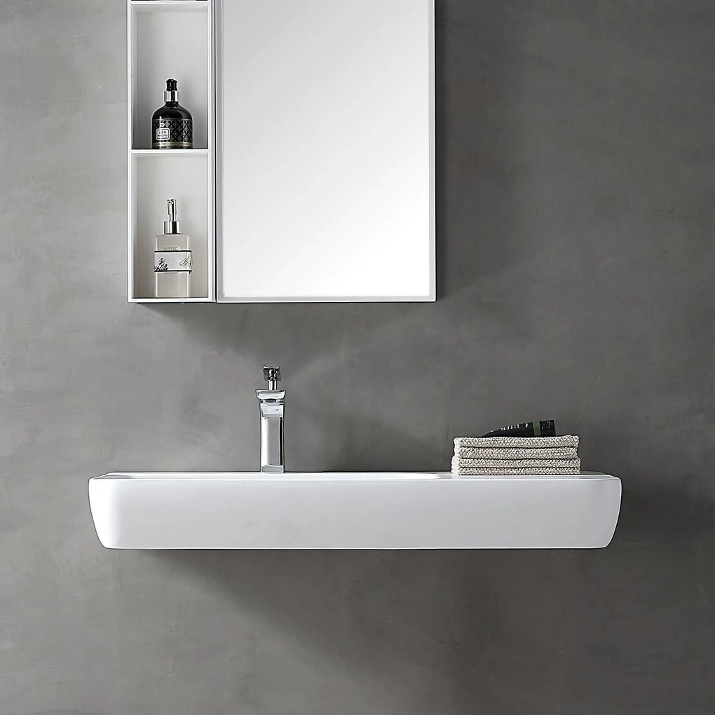 Umywalka ścienna nablatowa TWG202Odlew mineralny - Biały mat - 90 x 40 x 12 cm