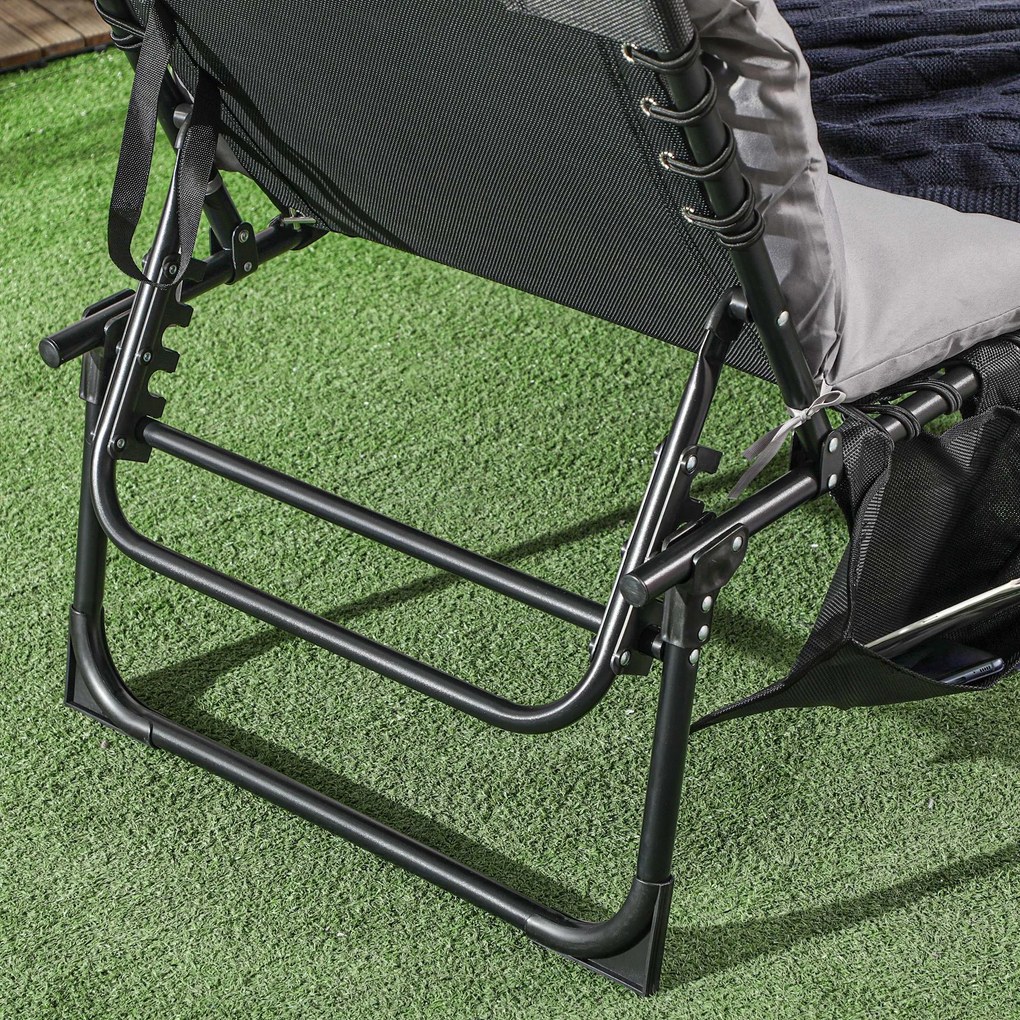 Outsunny Leżak składany, regulowane 5-pozycyjne oparcie, poduszka, wałek, do 120 kg, Stal, szary, 58 x 189 x 32,5 cm
